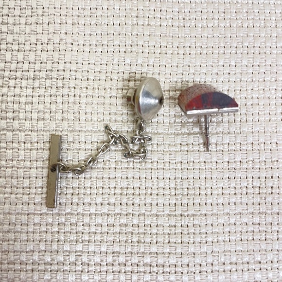 Vintage Natural Jasper Gemstone Tie Tack Pin Silver Tone Chain/Wrap - Picture 4 of 5